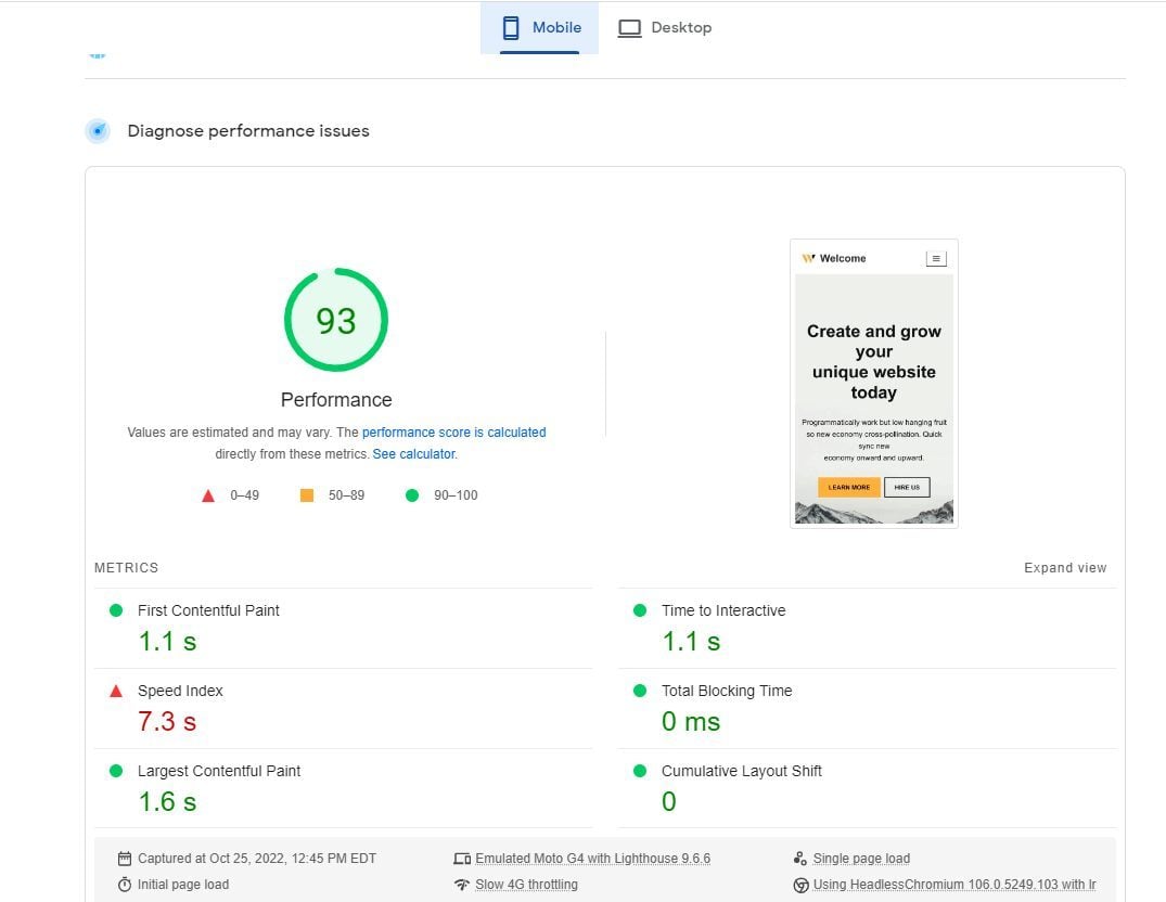 Bluehost PageSpeed Insights Mobile