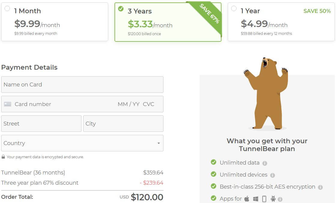 TunnelBear pricing