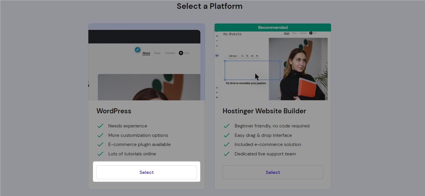 Hostinger Select a Platform WP