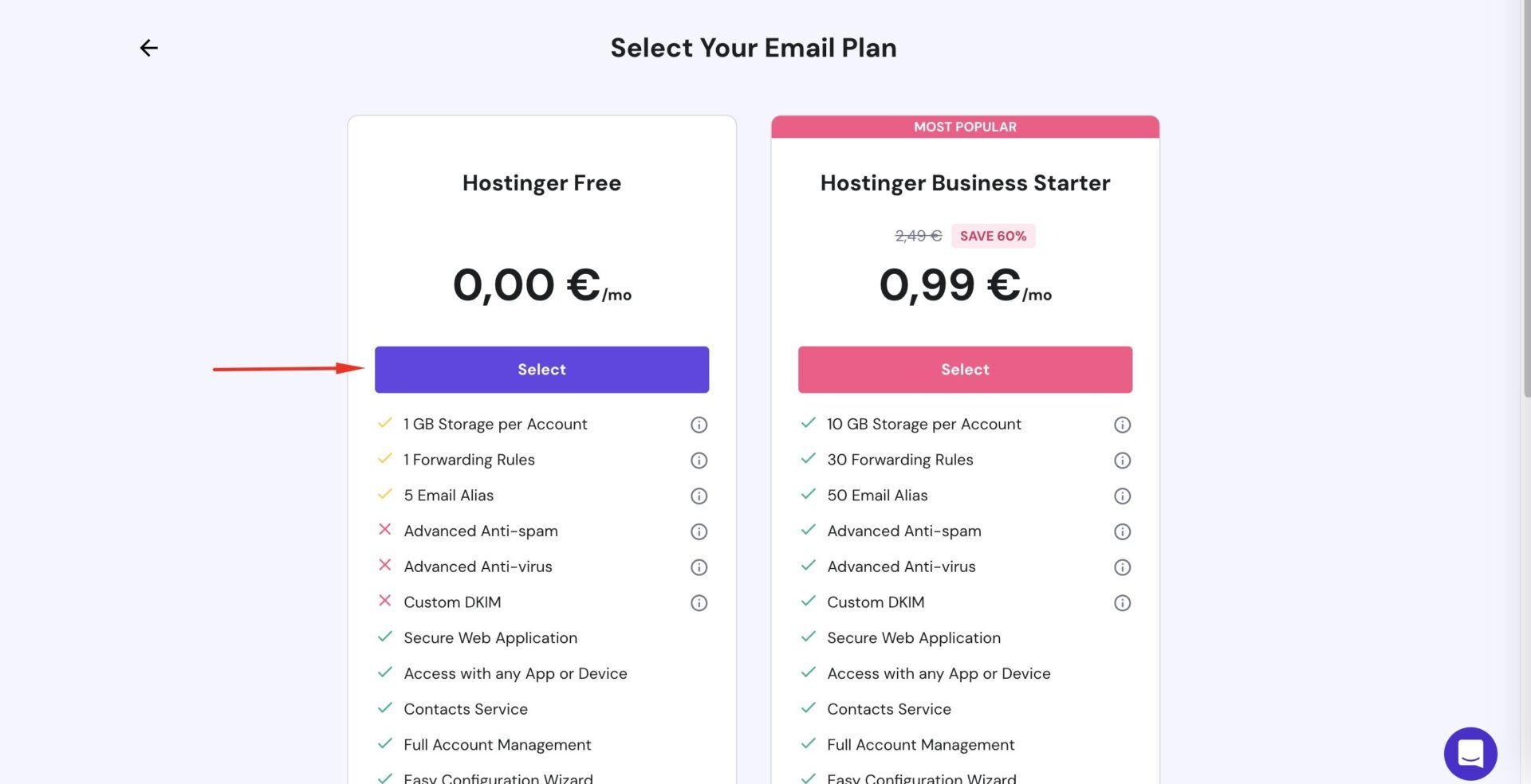 Hostinger Select Your Email Plan