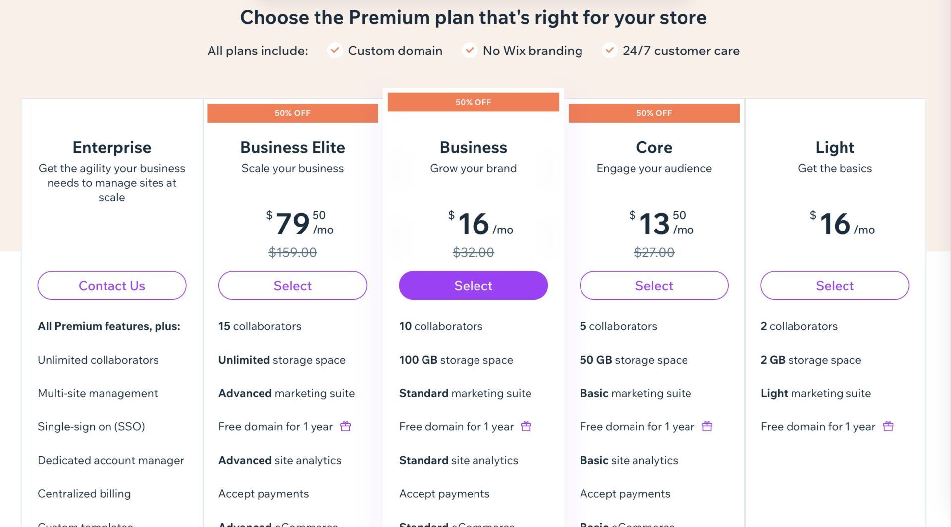 Wix Select Your Plan