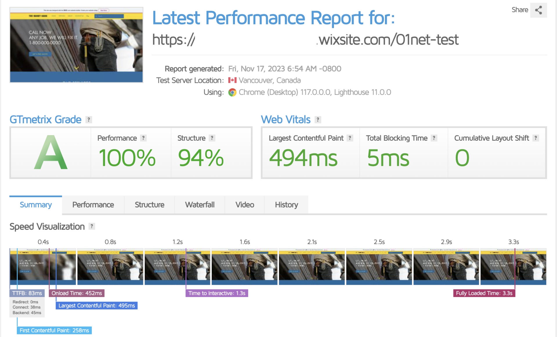 Wix GTmetrix Test Results
