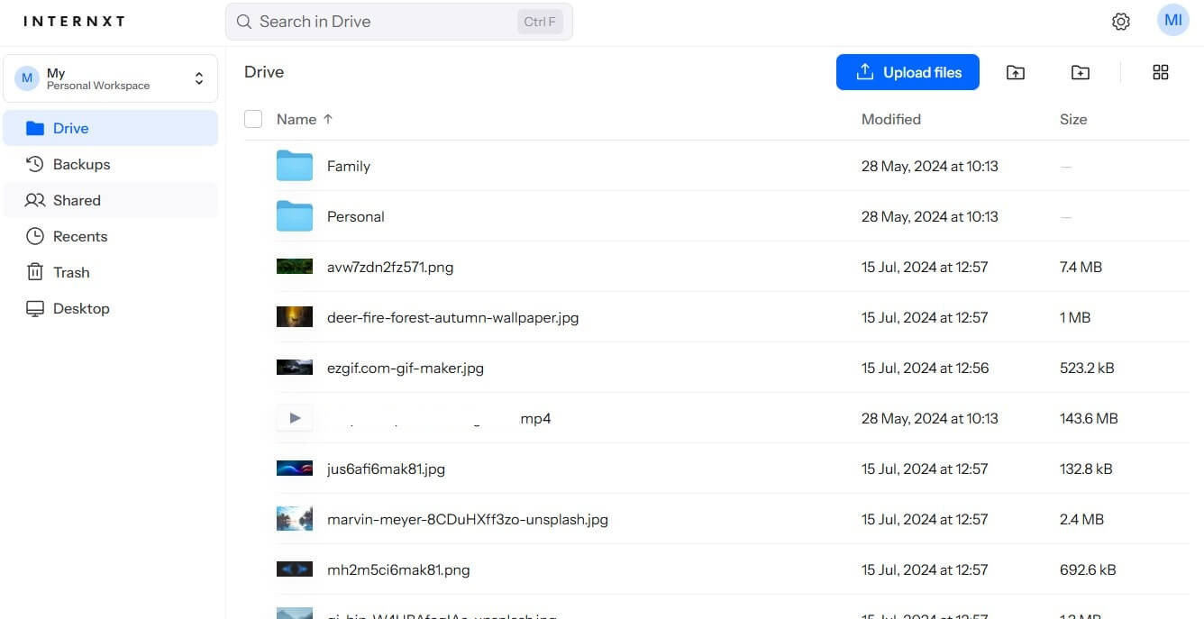 Internxt Interface