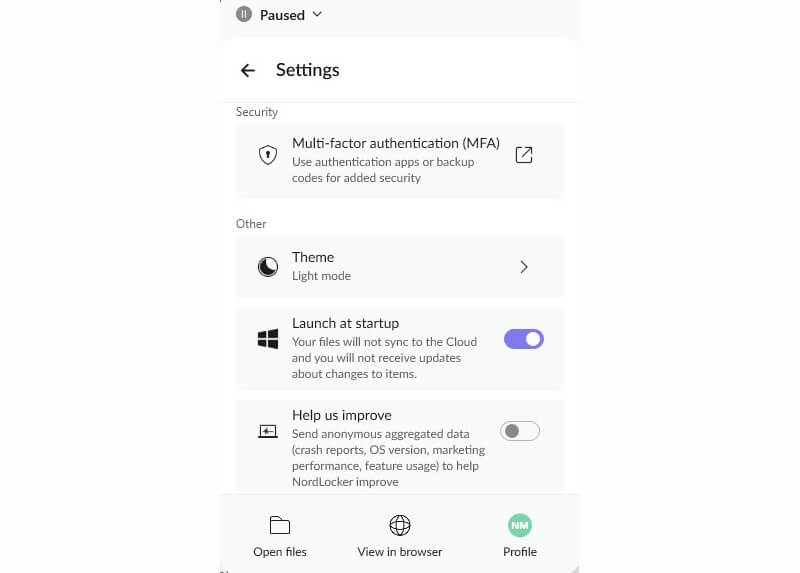 Nordlocker Desktop App Tray