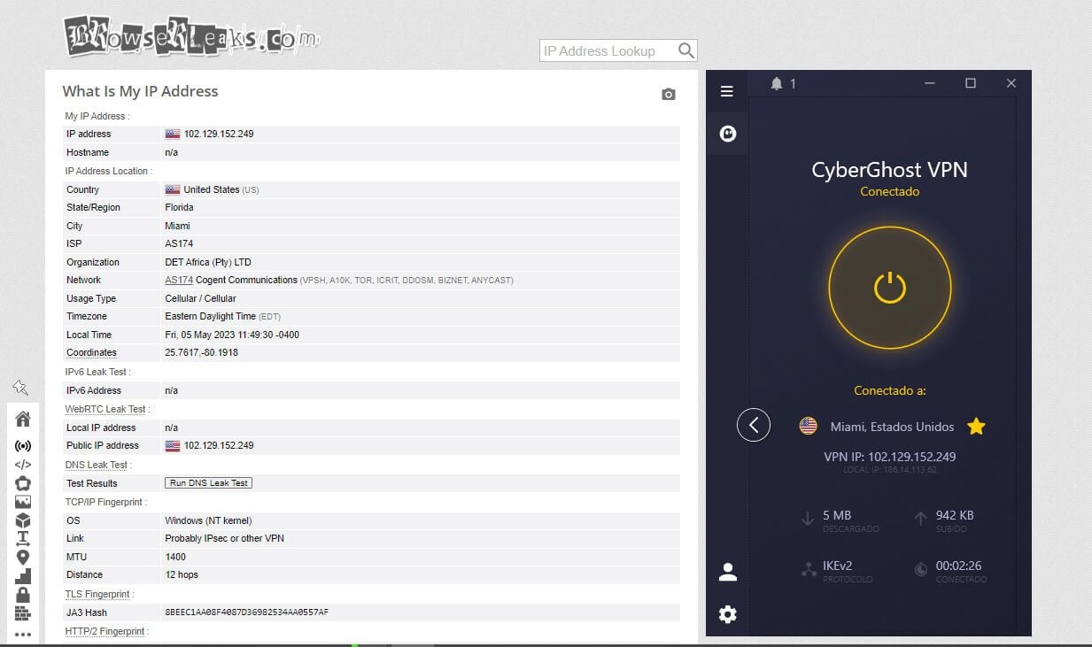 CyberGhost Prueba de Fugas de IP Browserleaks