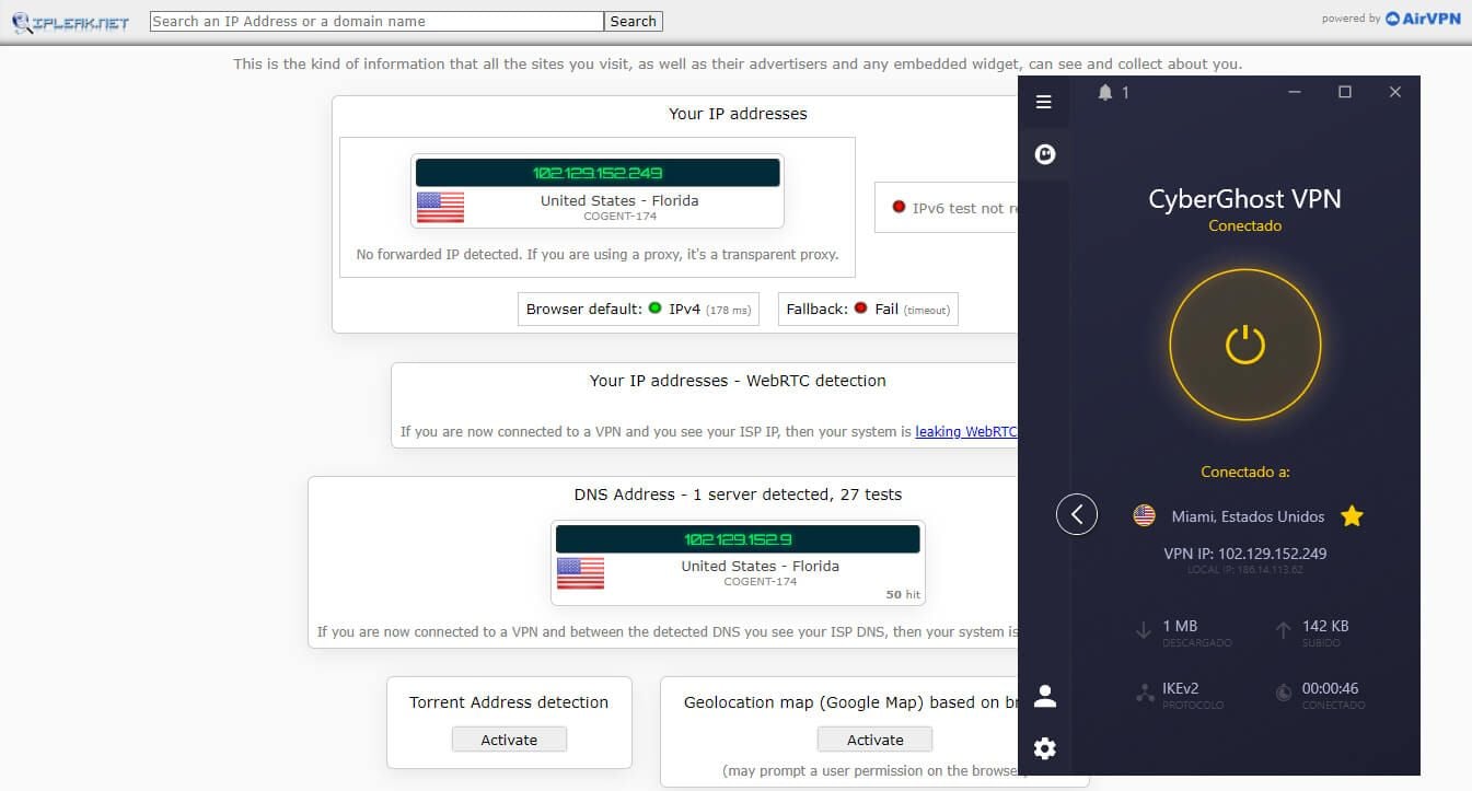CyberGhost Prueba de Fugas de IP IPLeak