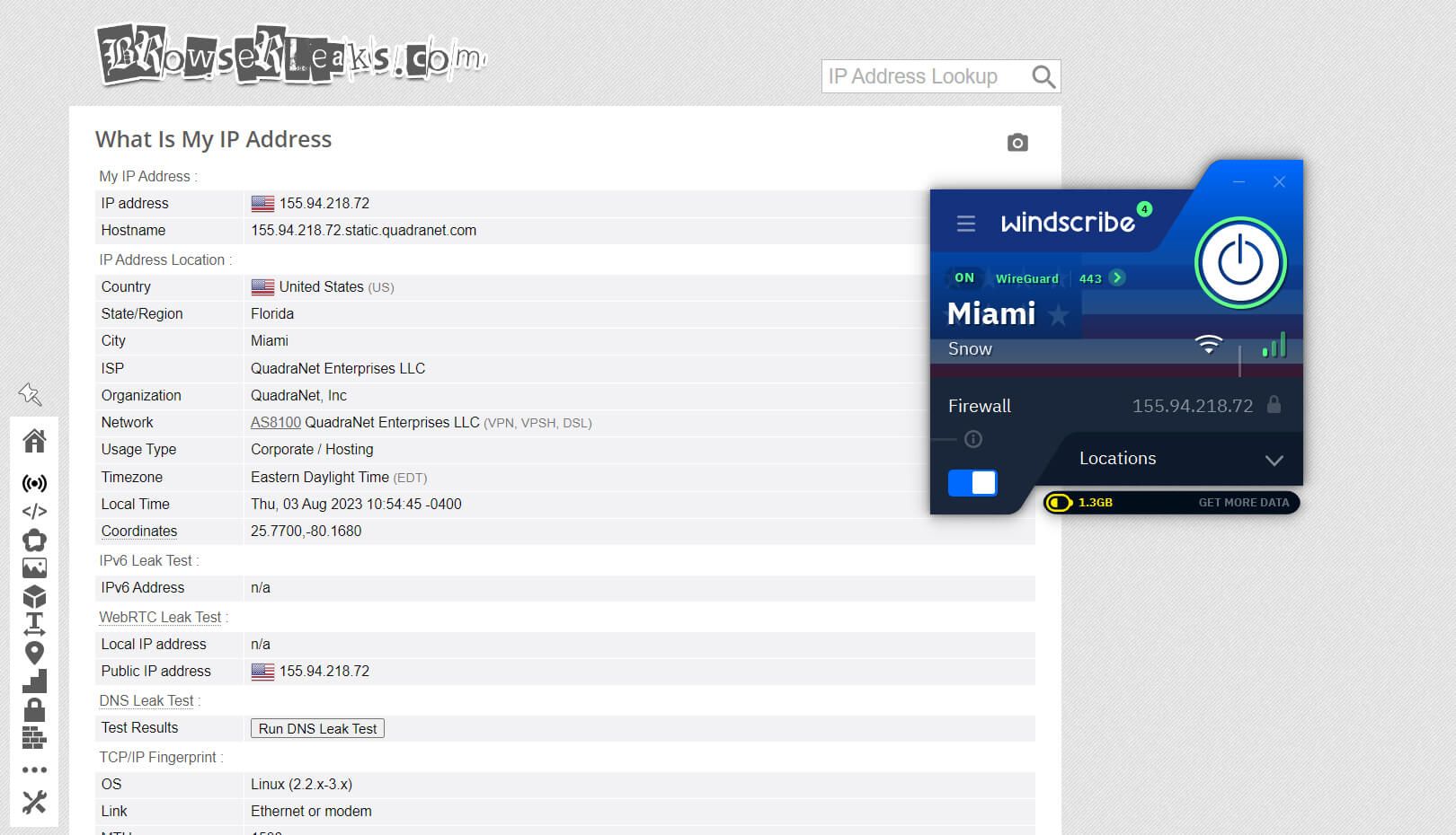 Prueba de fuga de IP Windscribe Browserleak